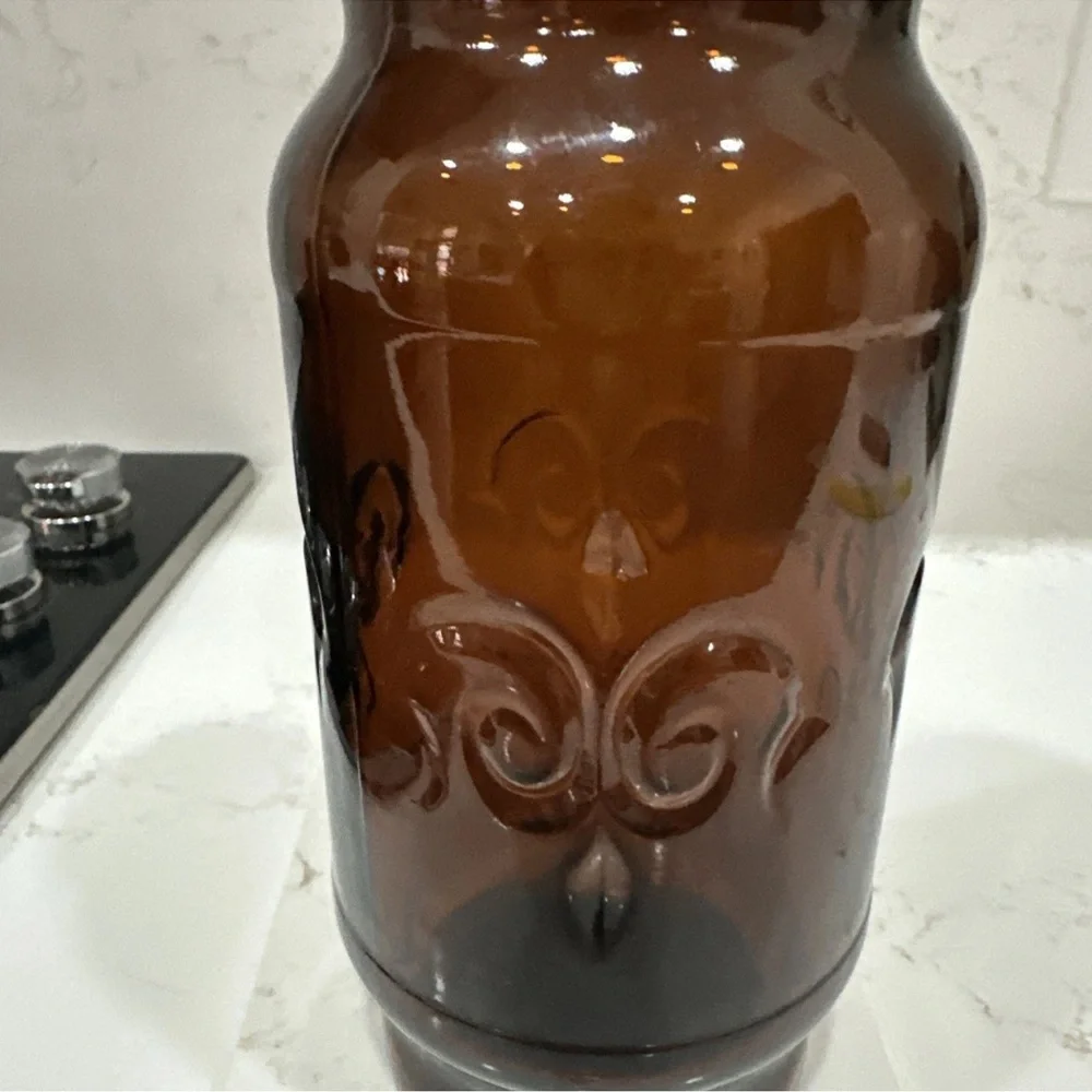 Vintage 1970's Borden Cremora Amber Glass Canister Apothecary Jar Fleur Di Lis